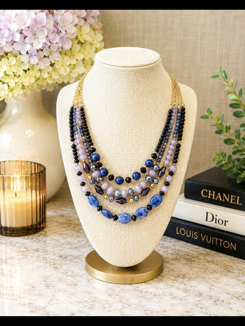 Multi Layer Beaded  Blue Black Licac Tones Necklace
